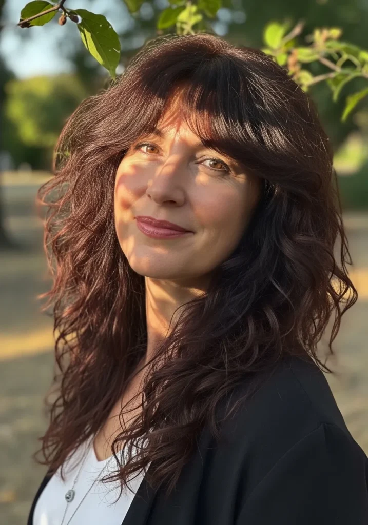 Long auburn wavy hair with feathered bangs and soft layered movement.