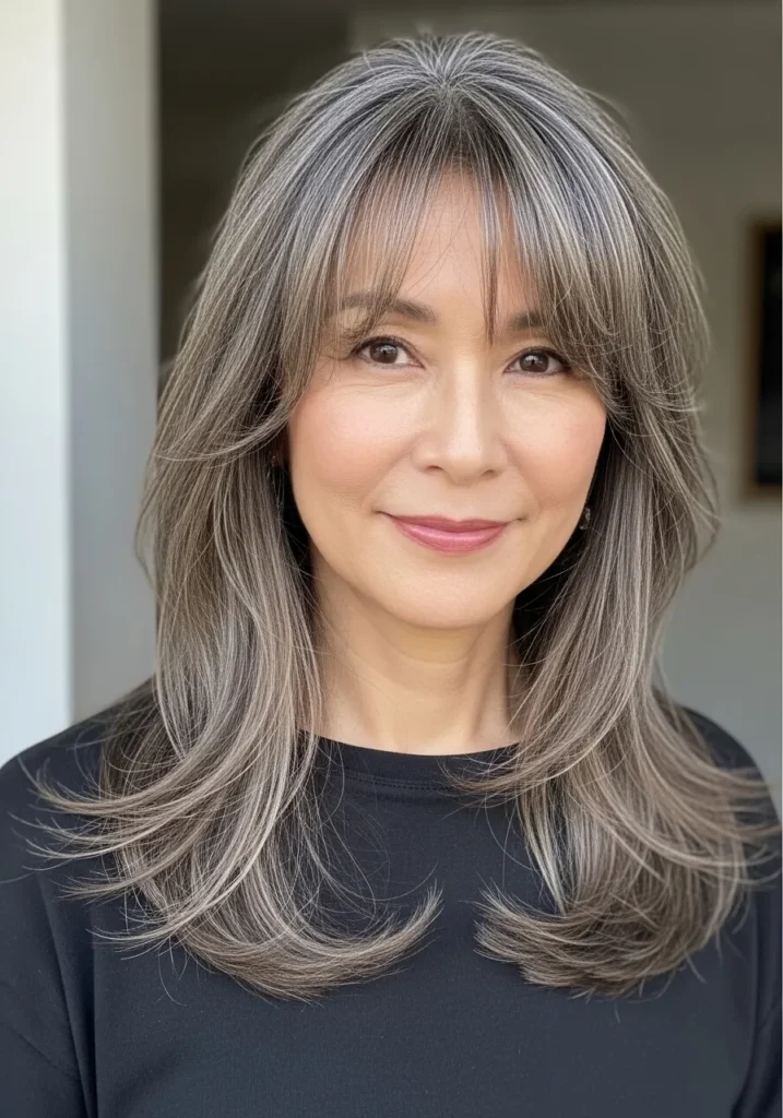 Long silver layered hair with curtain bangs and sleek smooth finish.