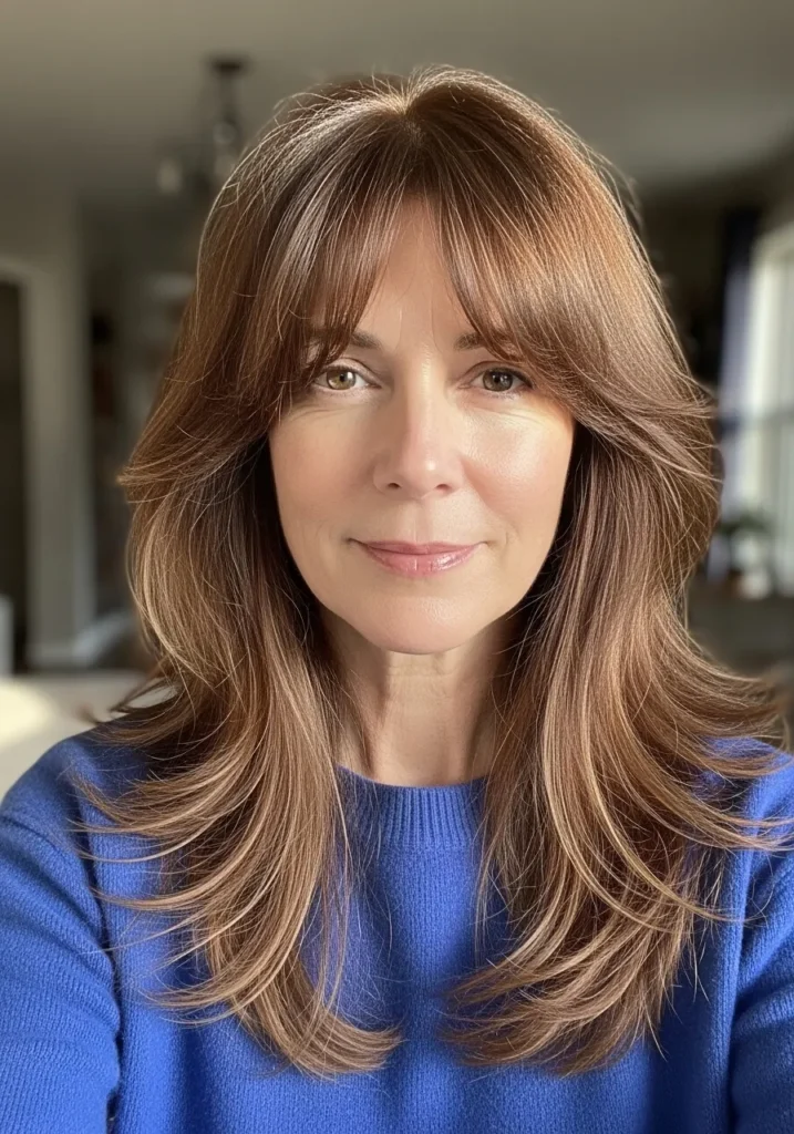 Long brown layered hair with soft blended bangs and natural movement.