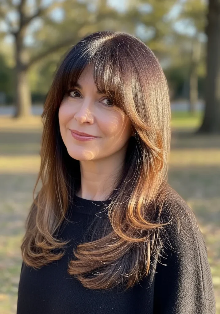 Long brunette layered hair with curtain bangs and smooth glossy finish.