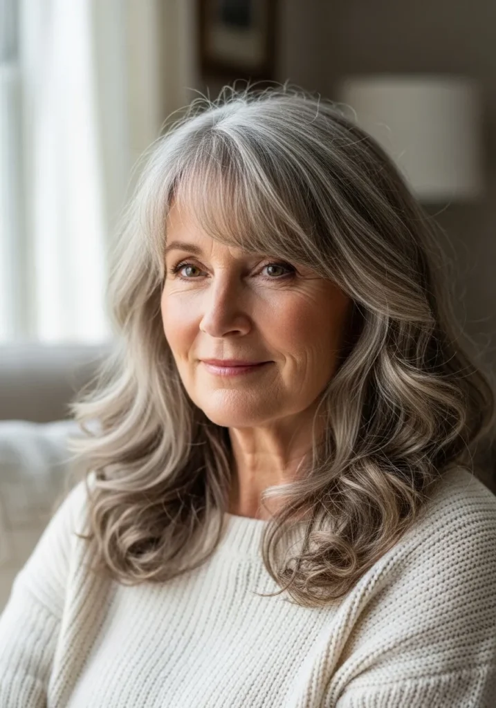 Long layered hair with soft curls and light bangs framing the face.