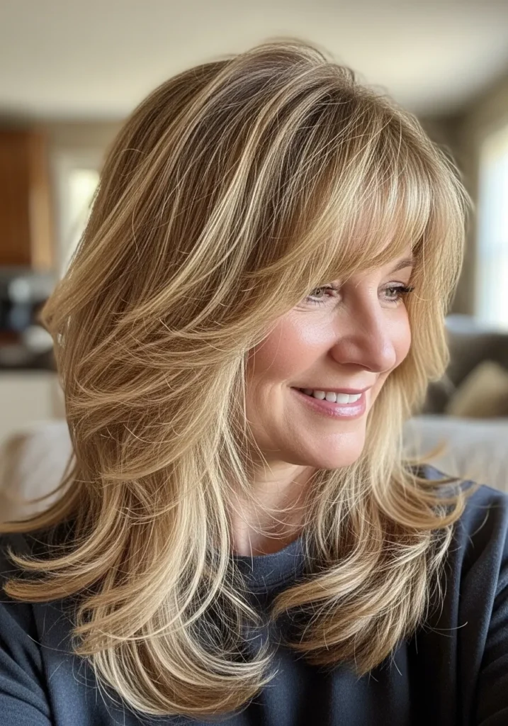 Long blonde layered hair with feathered ends and soft side swept bangs.