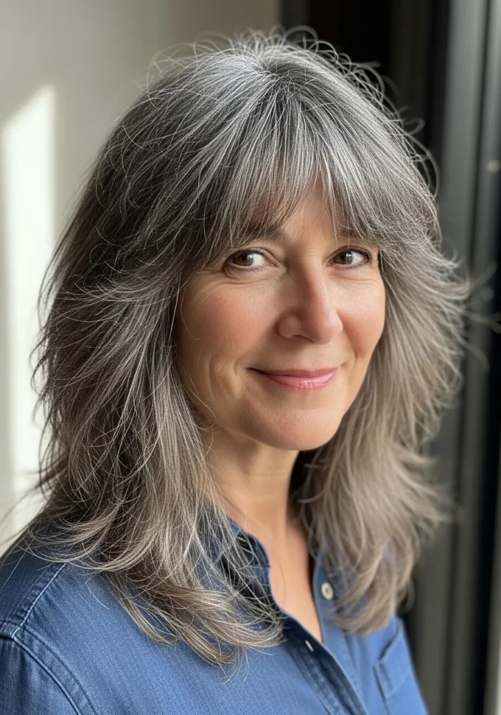 Long silver layered hair with wispy bangs and natural textured movement.