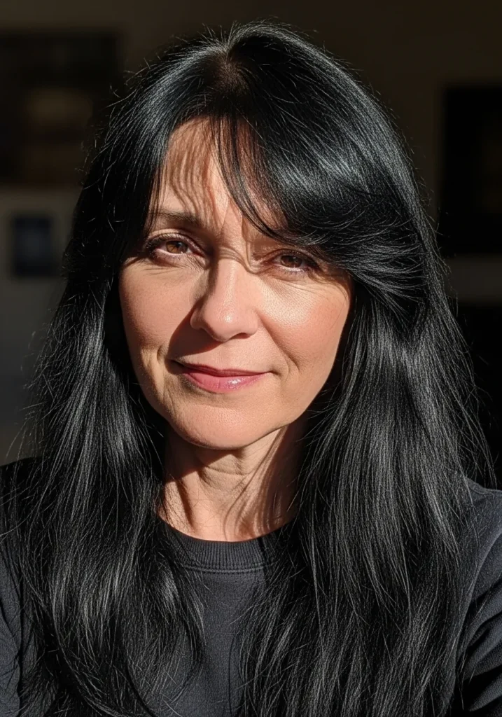 Long straight black hair with soft fringe and sleek polished finish.