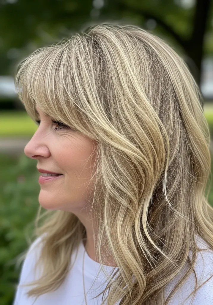 Long blonde layered hair with side swept bangs and soft natural movement.