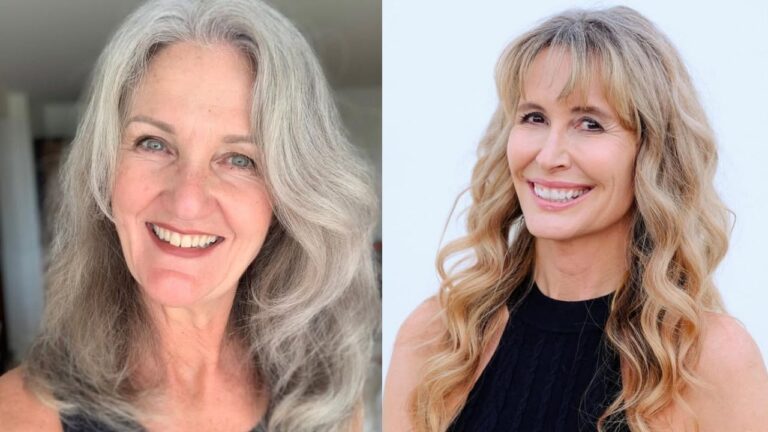 Long layered hair with soft waves and bangs, shown in both natural silver and warm blonde tones for a youthful, airy look.