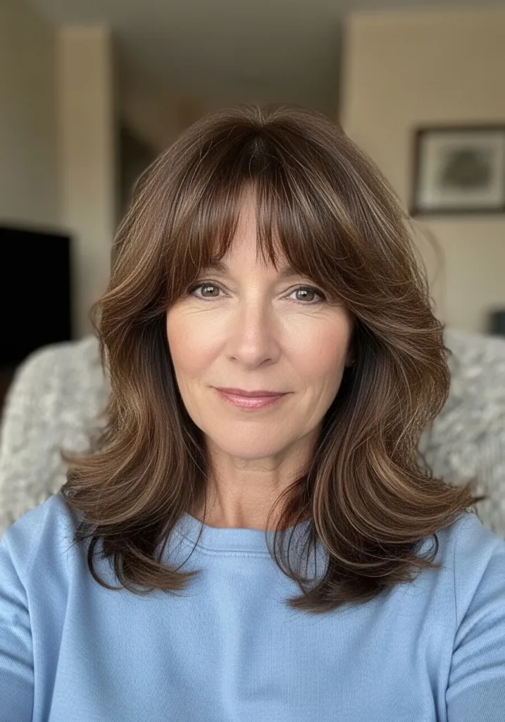 Long brunette layered hair with full soft bangs and rounded volume.