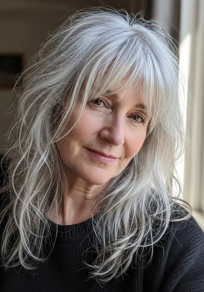 Long silver layered hair with light wispy bangs and natural texture.