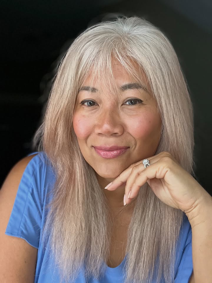 Long straight silver hair with soft bangs and a sleek smooth finish.