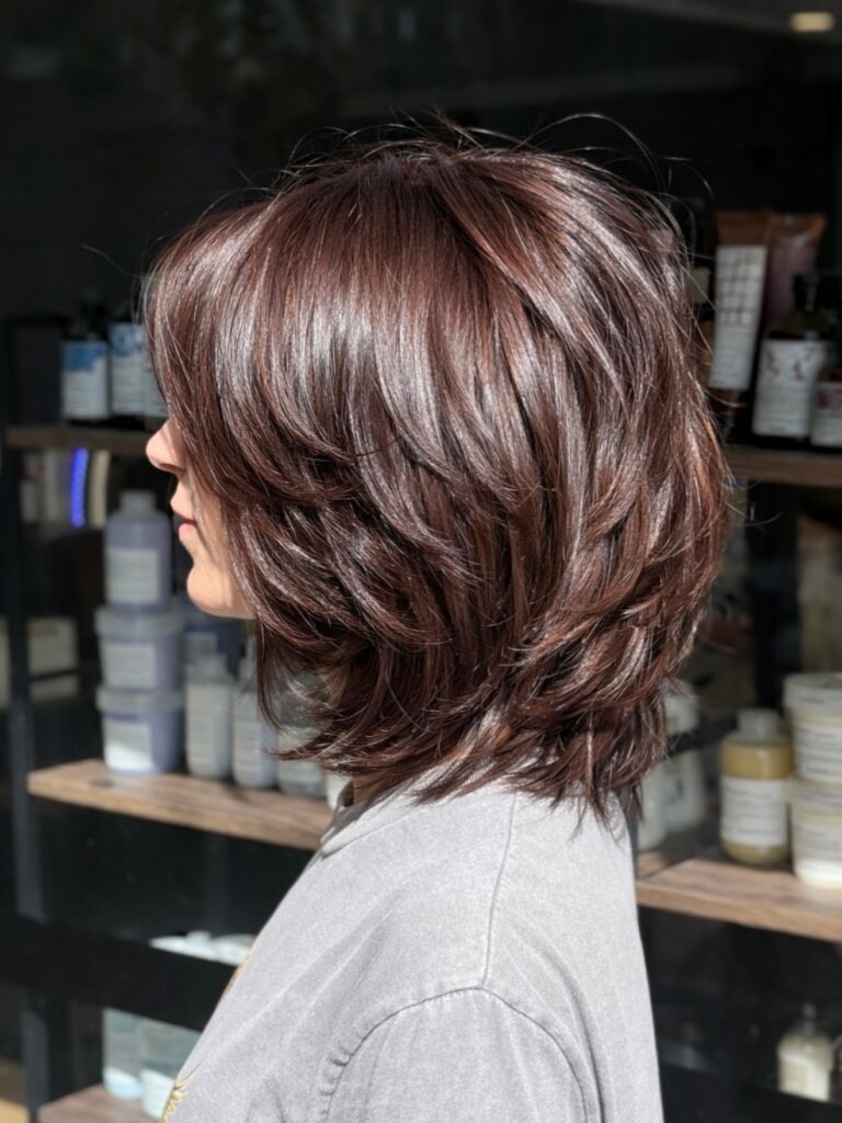 A glossy chocolate brown layered bob with full volume and soft blended bangs.
