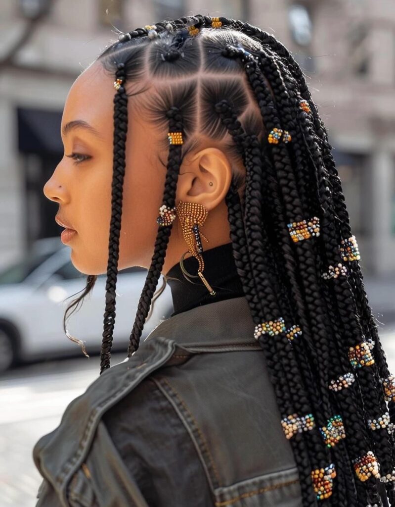 Cornrows with square parting and small beads added along the braids.