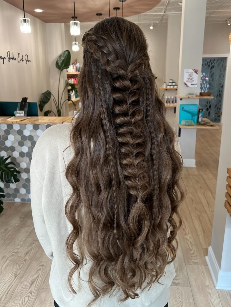 Long brown wavy hair styled with a central ladder braid and smaller braids in a boho style.