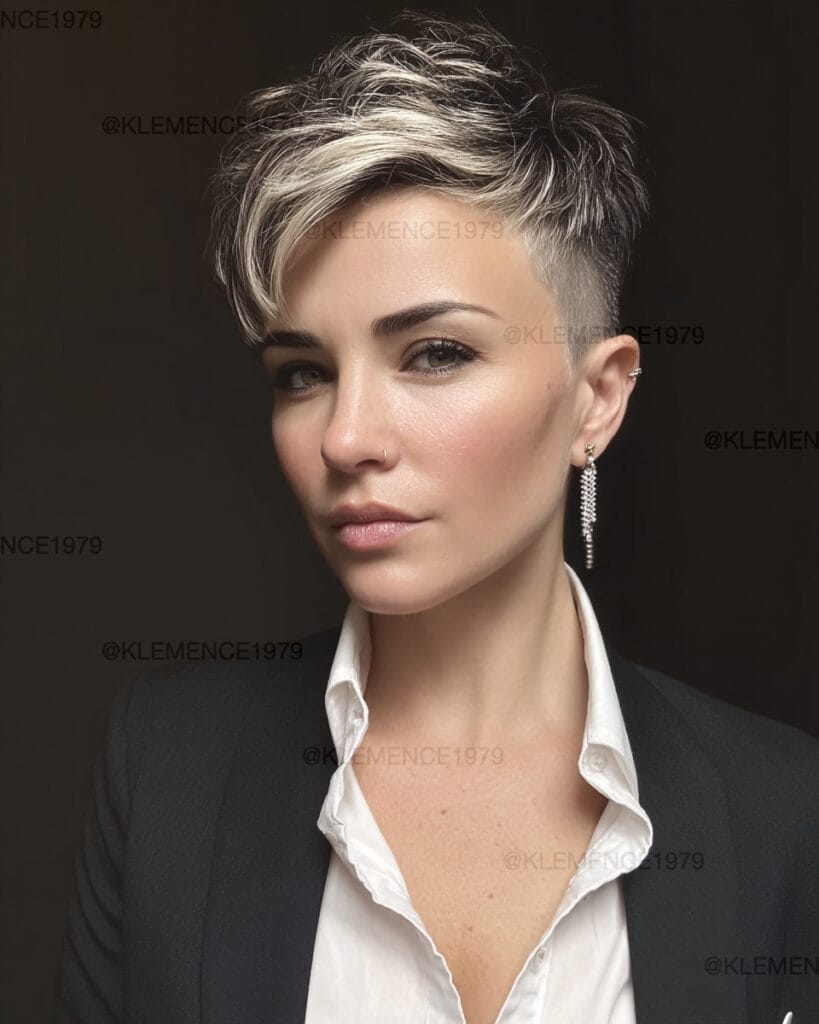 A woman with a short textured undercut pixie hairstyle featuring a side-swept blonde top and closely cropped sides.