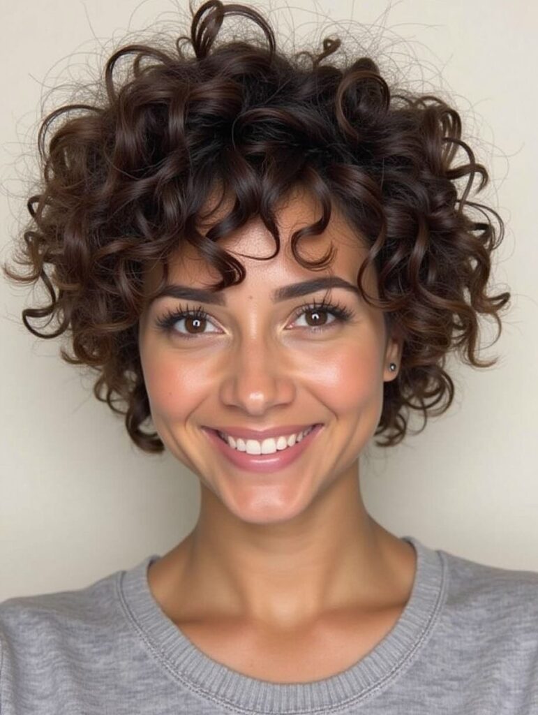 A short brunette curly bob with tight defined curls and lots of volume.