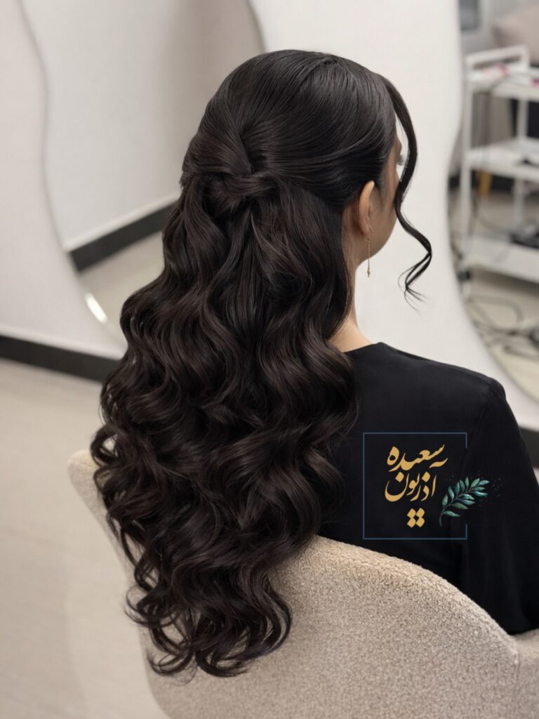 Half up hairstyle with defined long curls cascading down the back.