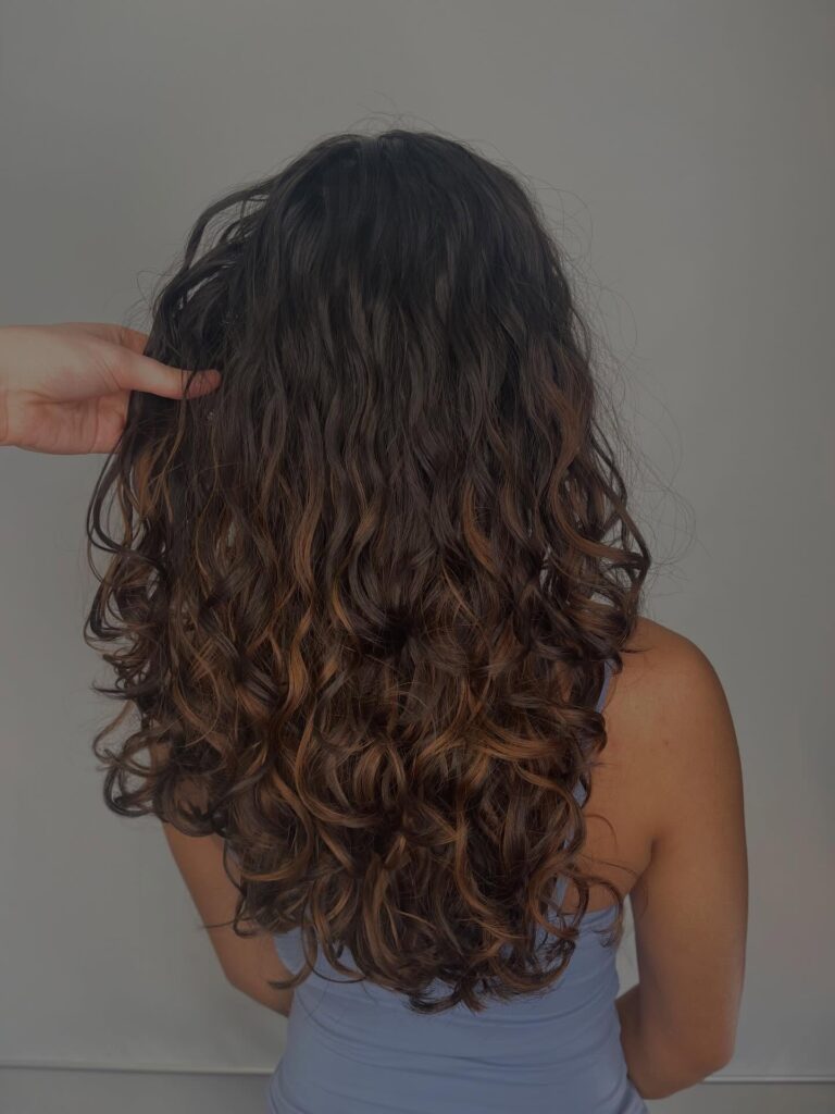 Long dark brown naturally curly hair with defined texture and soft volume throughout.