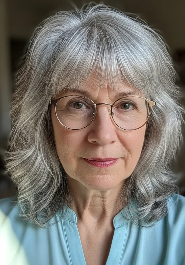 Medium length silver layered hair with full rounded bangs and soft volume.