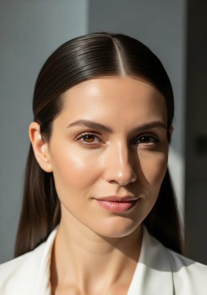 Long straight hair with a center part and sleek tucked behind the ears styling.