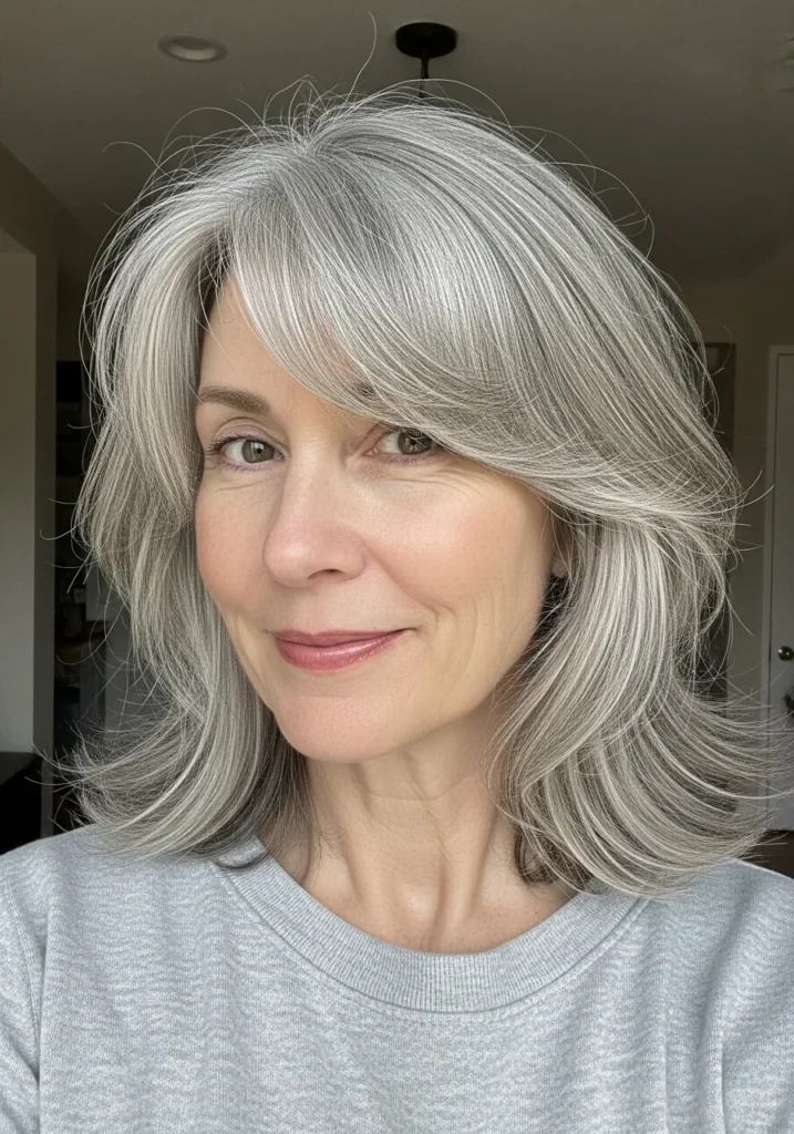 Medium length gray layered hair with side swept bangs and soft natural movement.