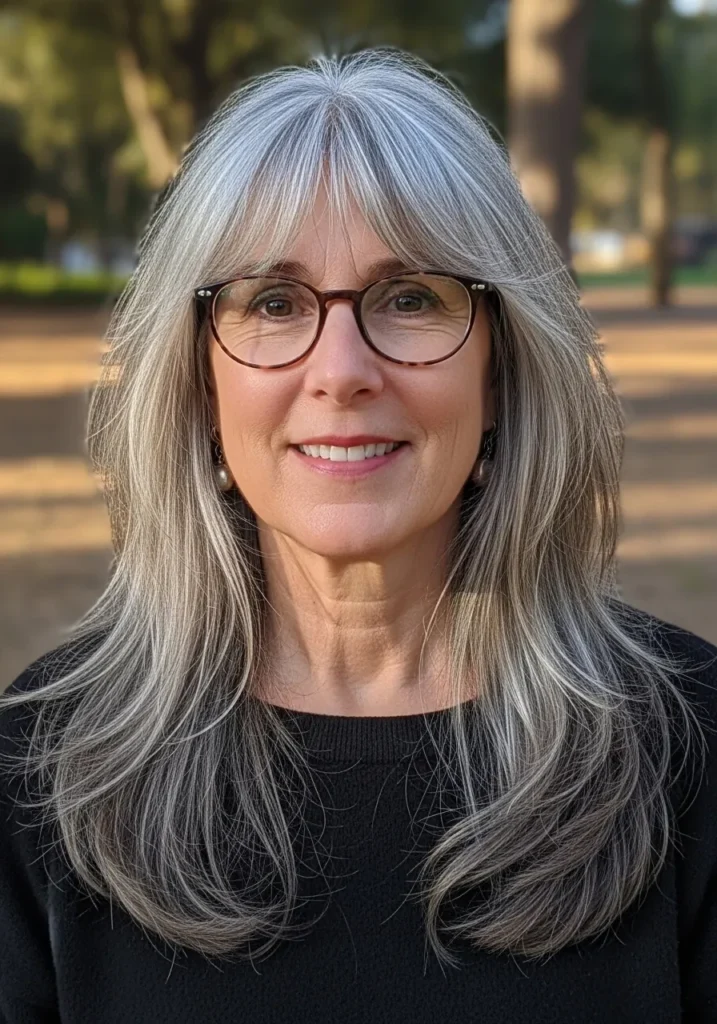 Long silver layered hair with wispy bangs and natural movement.