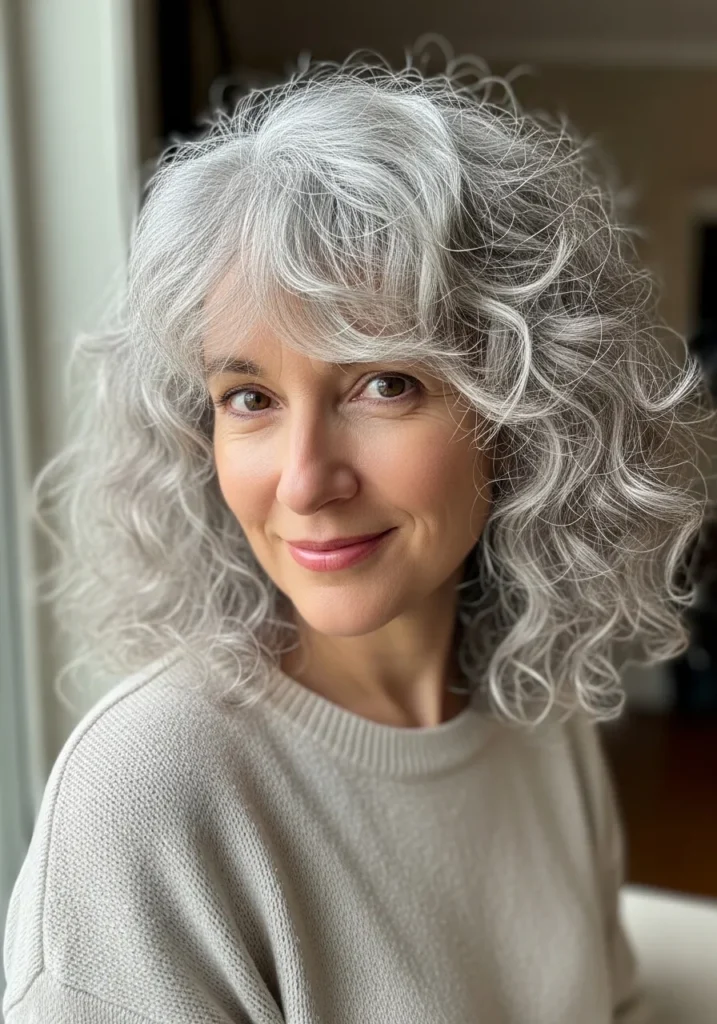 Curly gray hair with soft bangs and full natural volume.