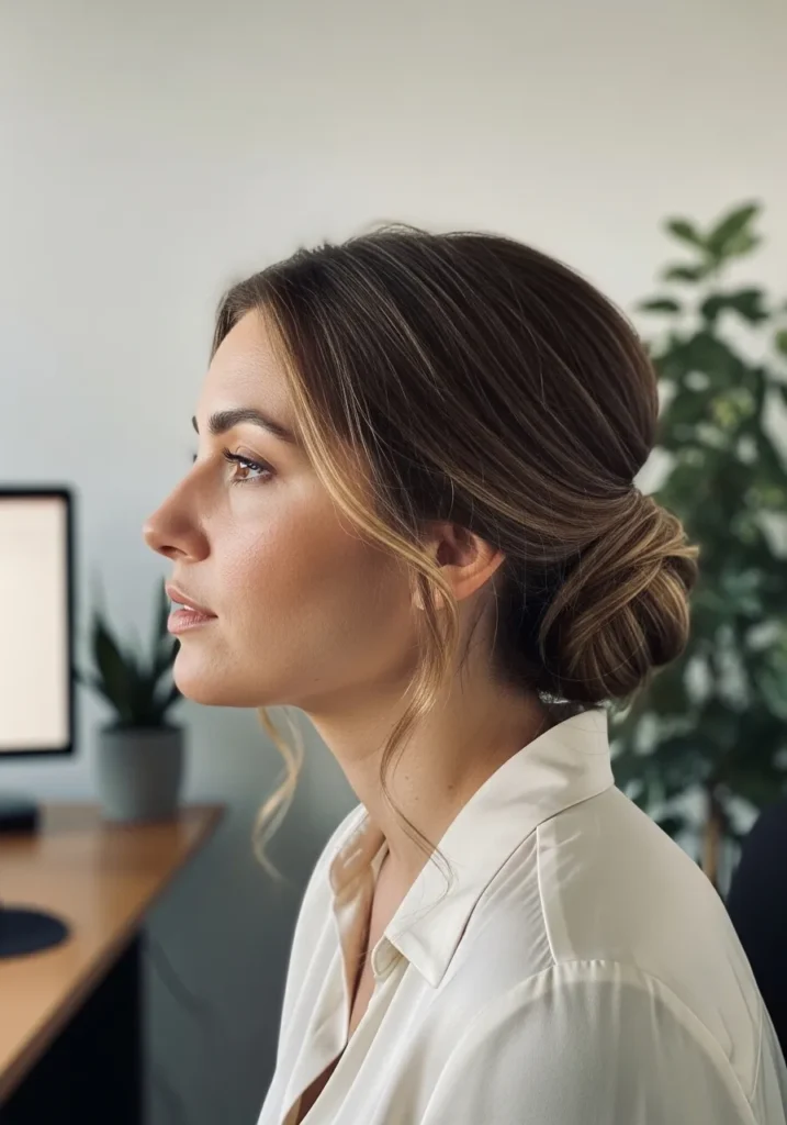 Low twisted bun with a side part and smooth polished finish.