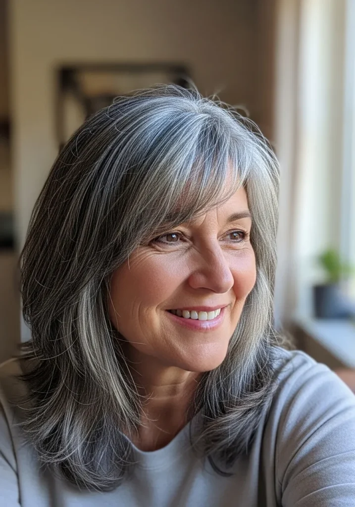 Medium length salt and pepper layered hair with side swept bangs.