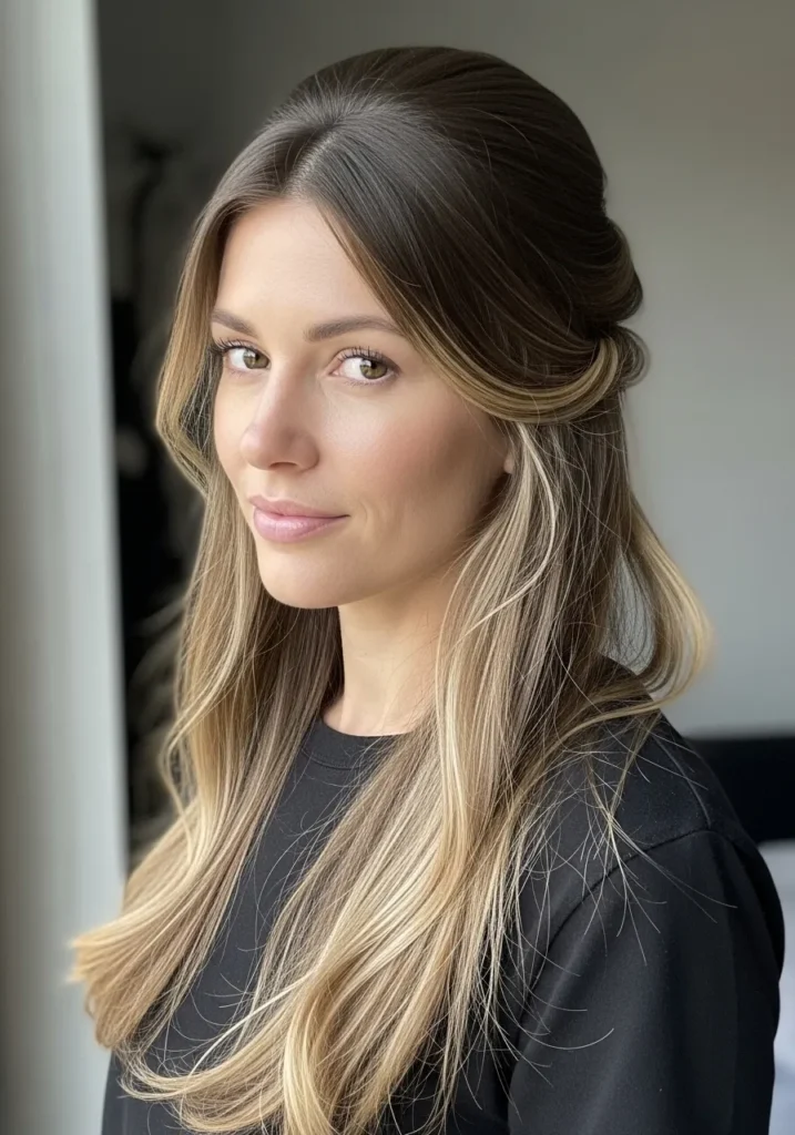 Half up hairstyle with smooth crown and long straight hair left down.