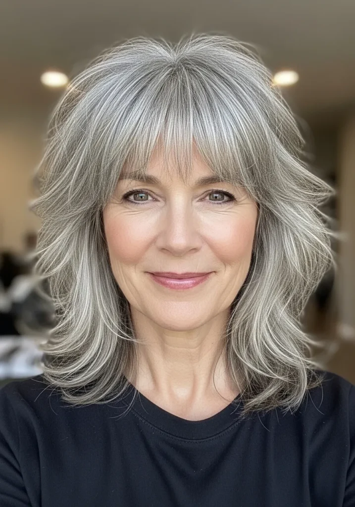 Medium length gray feathered hair with light wispy bangs and soft volume.
