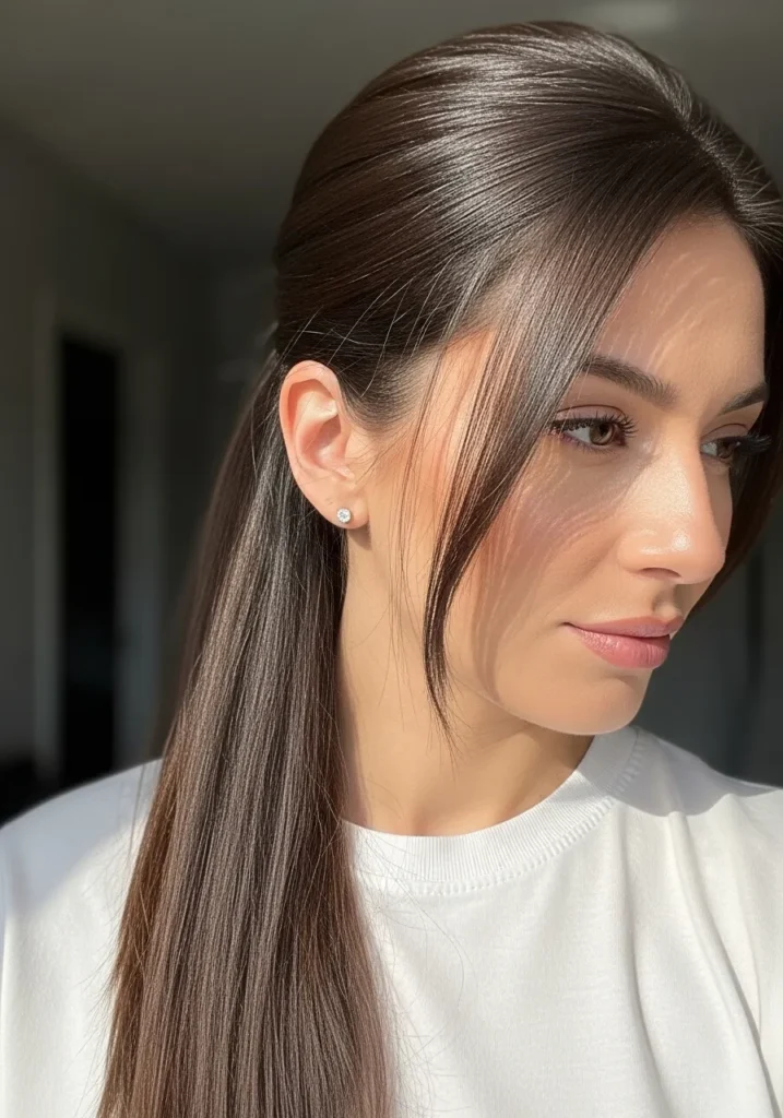 Low ponytail with a sleek finish and soft face framing strands.