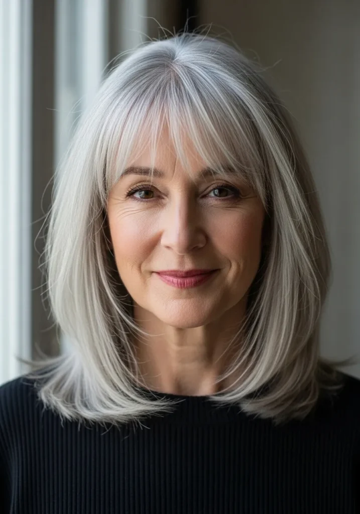 Short silver bob with blunt bangs and sleek straight finish.