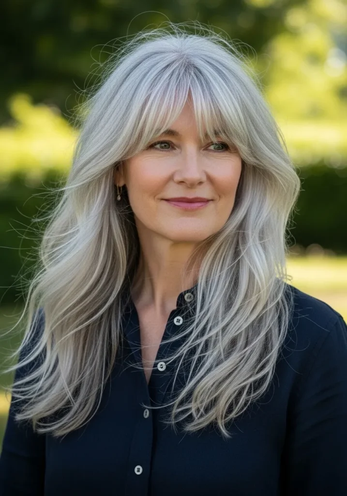 Long silver layered hair with soft curtain bangs and natural movement.