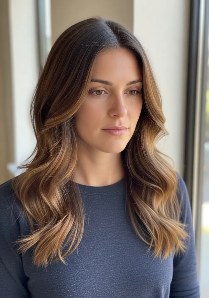 Long layered brunette hair with soft waves and a smooth top section.