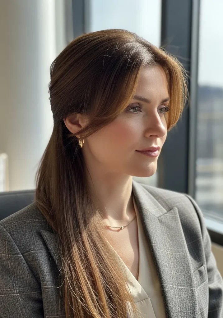 Half up low ponytail with a sleek crown and long straight hair.