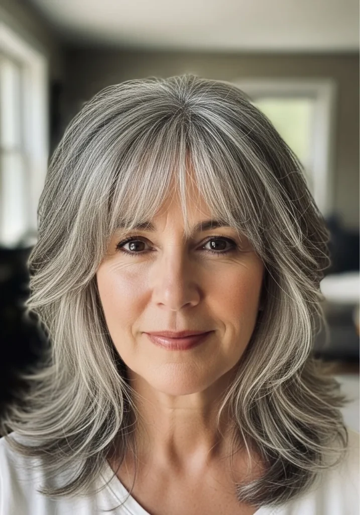 Medium length gray feathered hair with full soft bangs and natural volume.