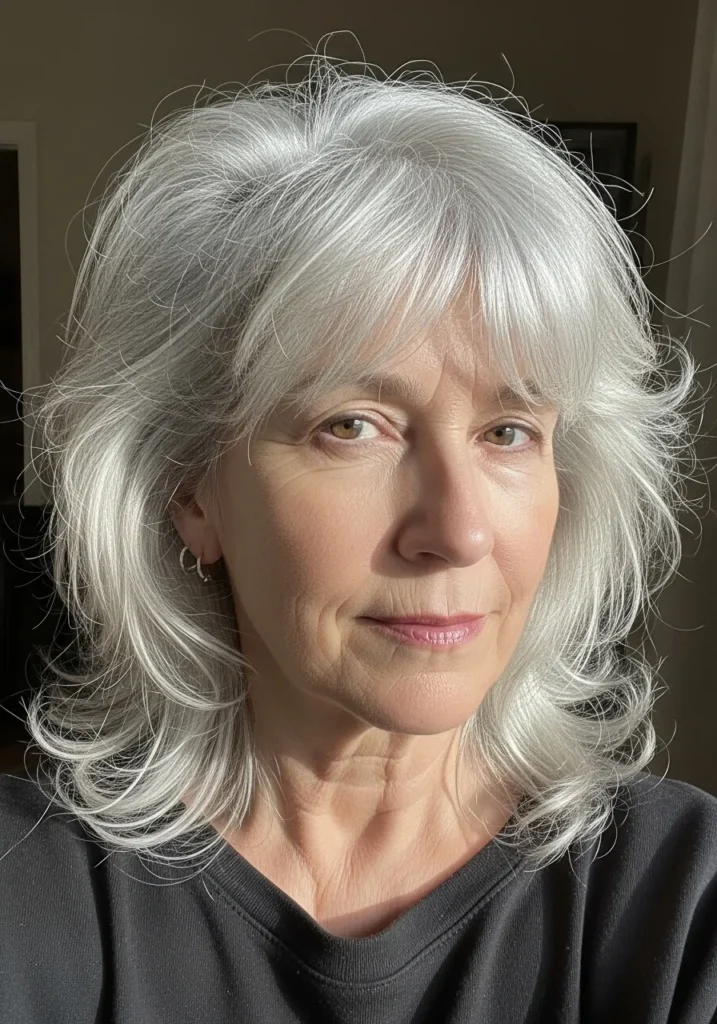 Medium length silver layered hair with wispy bangs and textured finish.