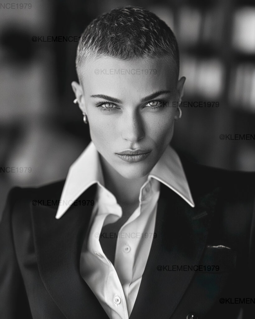 A woman with a short textured tomboy crop featuring a faded undercut and soft layered top in natural brown tones.