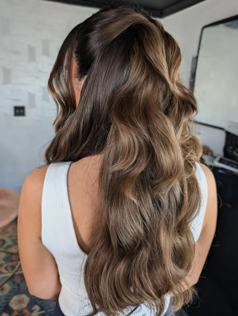 Long brunette hair with soft layered waves and natural volume styled in a relaxed flowing look.