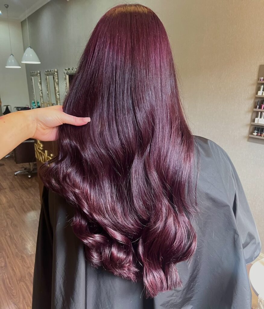 Long plum colored hair with glossy loose waves and smooth texture.