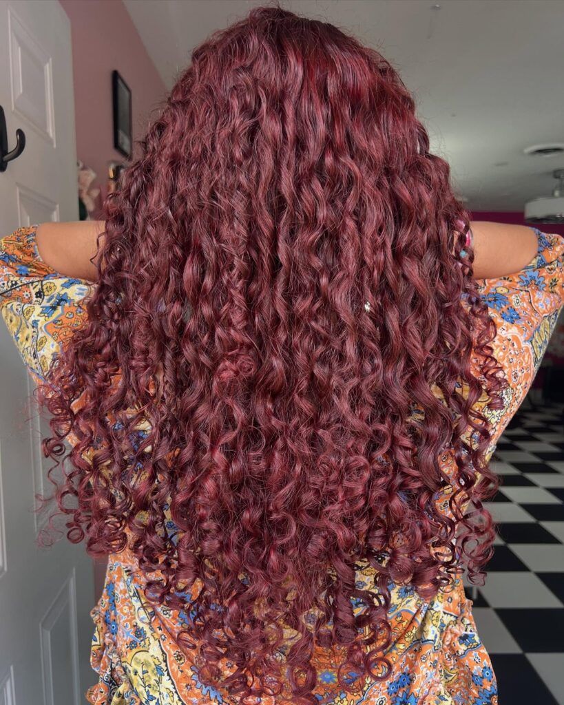Long burgundy curly hair with tight defined curls and full volume from the back.