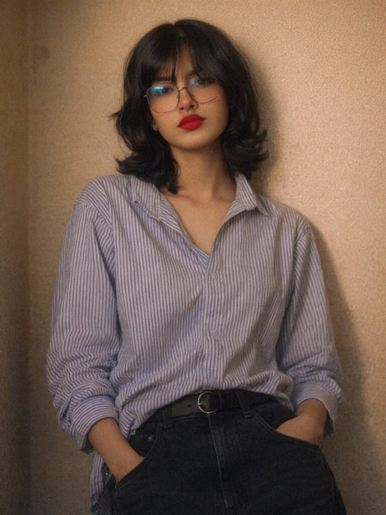 Short layered tomboy shag haircut with soft bangs and flipped ends in dark brown hair.