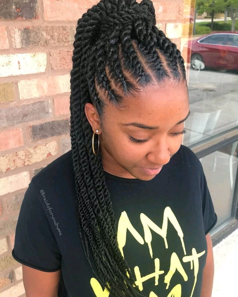 High braided ponytail with sleek parted roots and long braids.