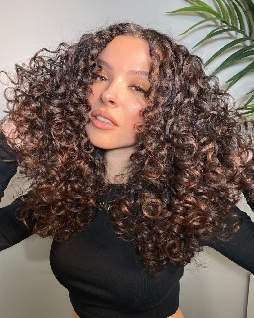 Long brunette hair with tight, defined ringlet curls styled with full volume and natural shine.