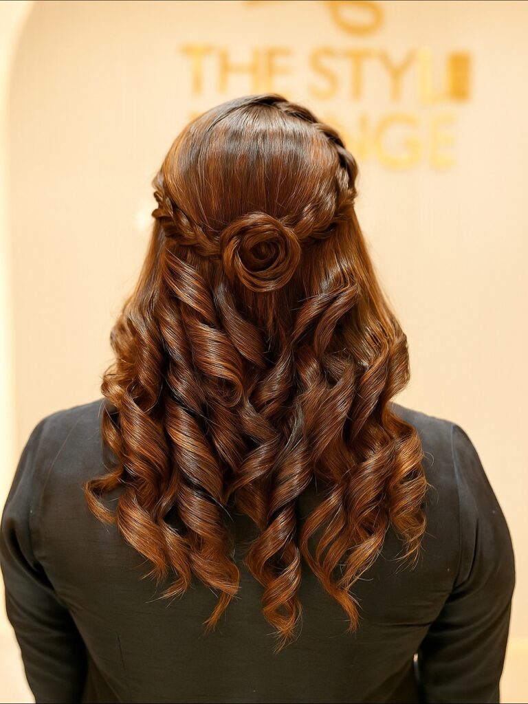 Braided crown hairstyle with long defined spiral curls in a rich brown tone.