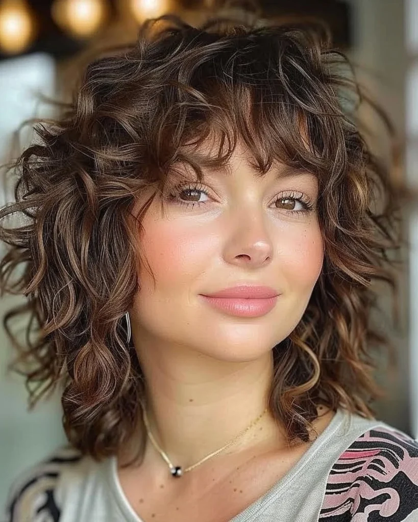 Short messy curly bob with loose waves and soft wispy bangs.