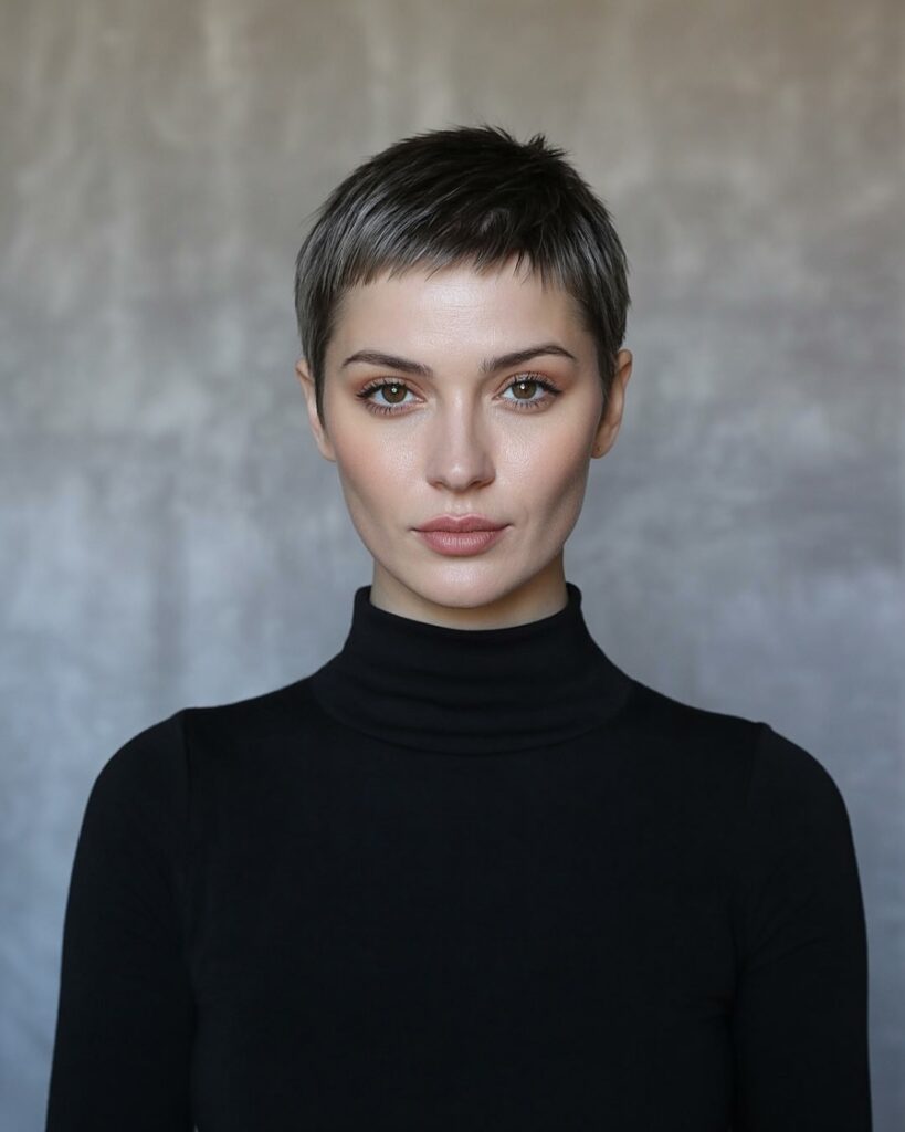 A woman with a short textured tomboy pixie haircut featuring soft layers and natural volume on top.
