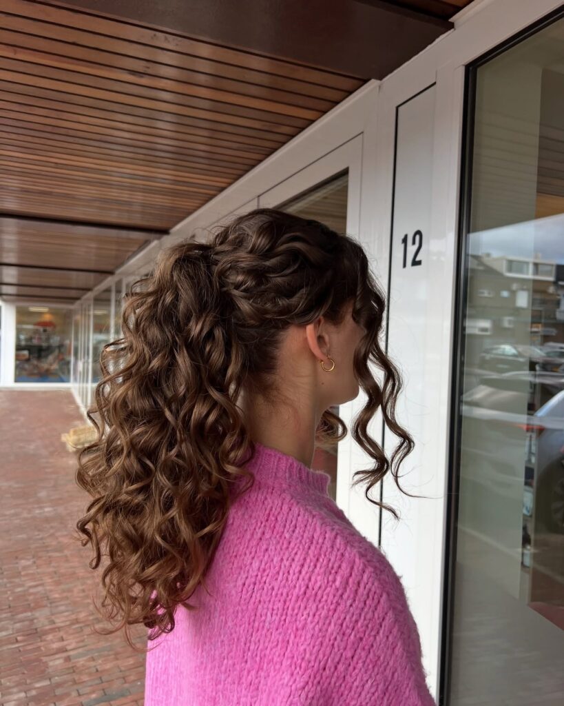 Long brown curly hair styled in a high voluminous ponytail with a braided crown and loose face framing curls.