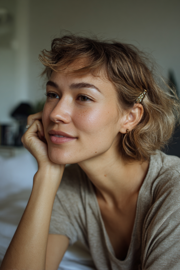 A woman with a short tousled honey brown pixie bob wears a tiny gold beaded clip tucked behind one ear.