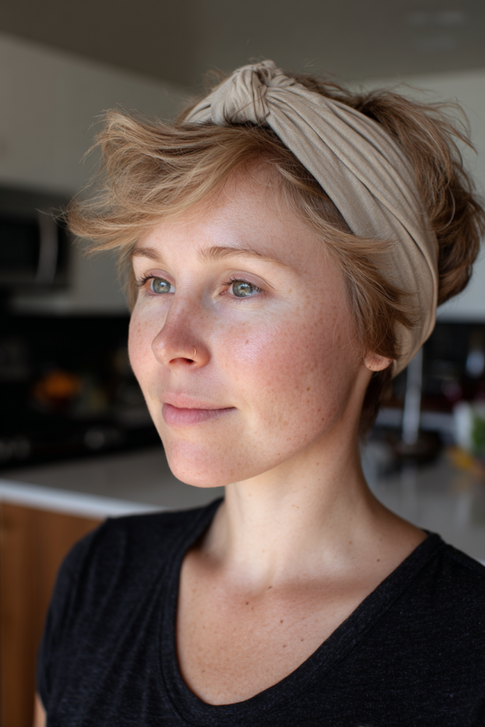  A woman with a short strawberry blonde pixie wears a knotted taupe fabric headband swept to one side.