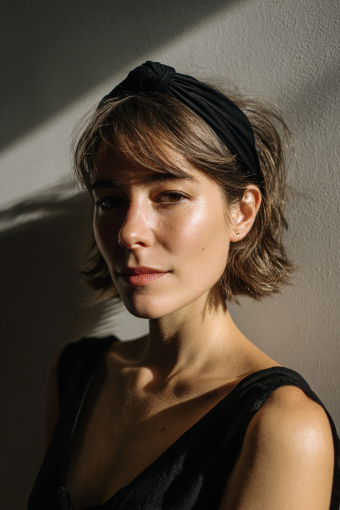 A woman with a choppy ash brown bob wears a knotted black fabric headband swept back off her face.